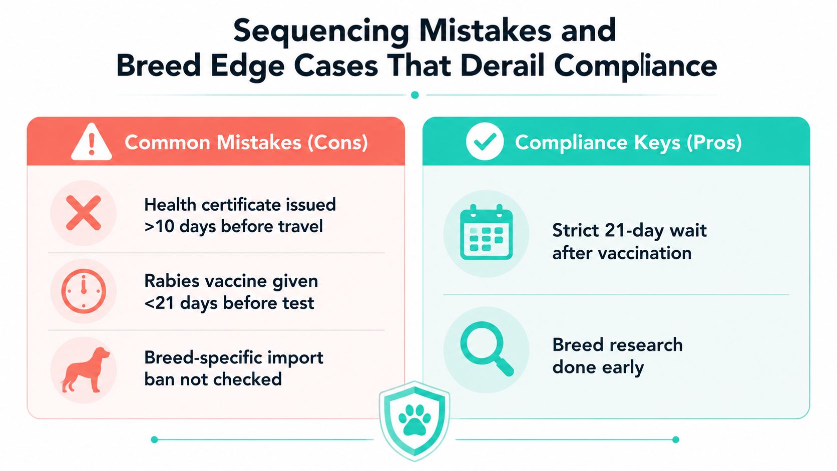 A graphic highlighting common travel compliance mistakes and success keys for importing pets into different countries.
