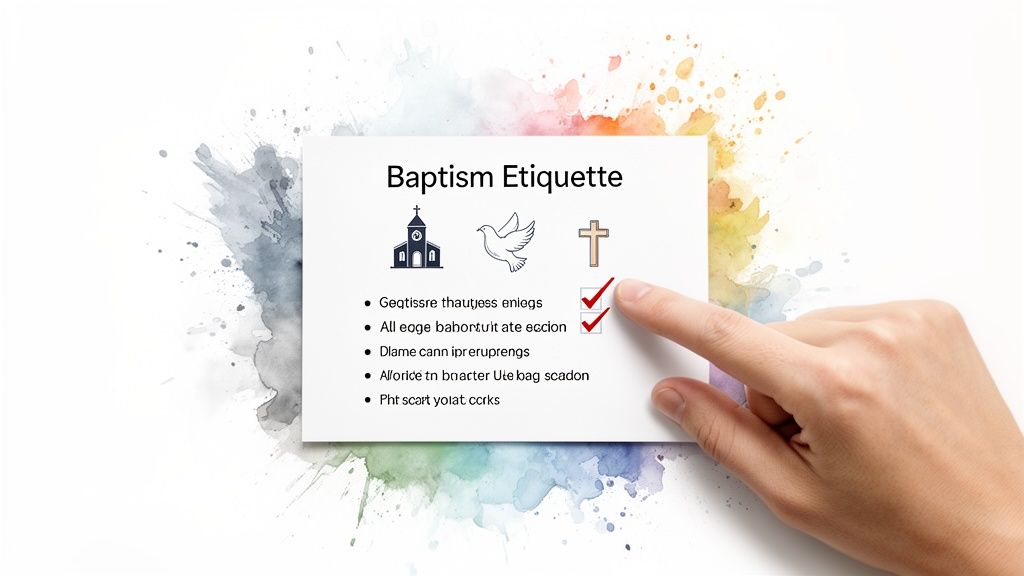 A hand points at a card displaying 'Baptism Etiquette' with religious icons and a checklist.