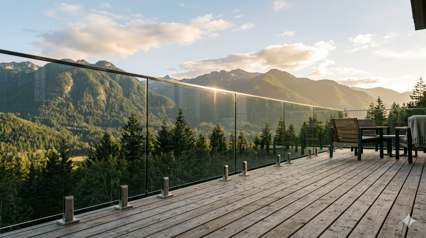 Frameless glass railings on a cedar deck of a Whistler chalet, overlooking forested coastal mountains in late afternoon light.