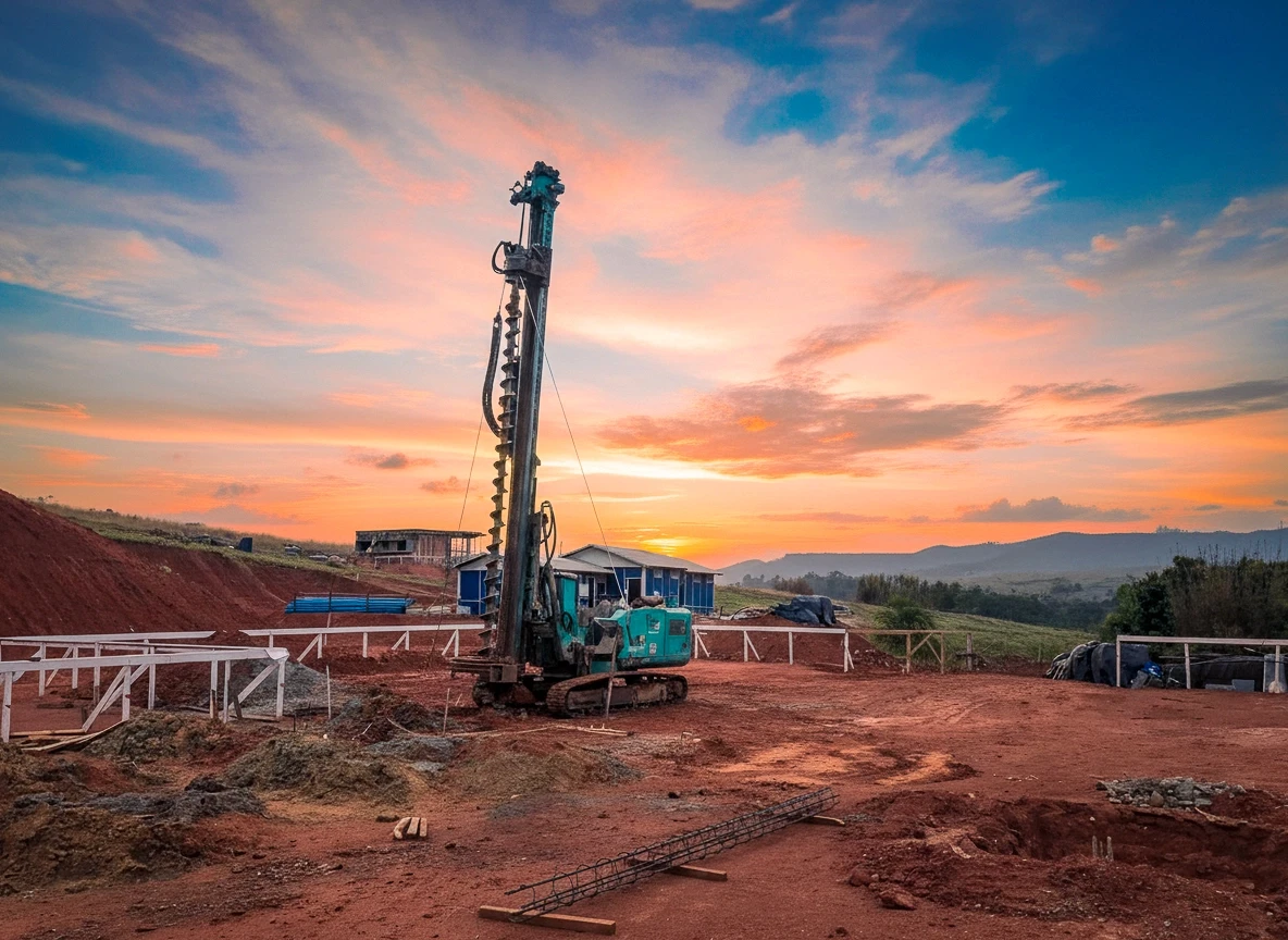 Máquina perfuratriz em um vasto canteiro de obras de terra vermelha, com estruturas de apoio brancas. O cenário é dominado por um pôr do sol vibrante e colorido sobre colinas distantes.