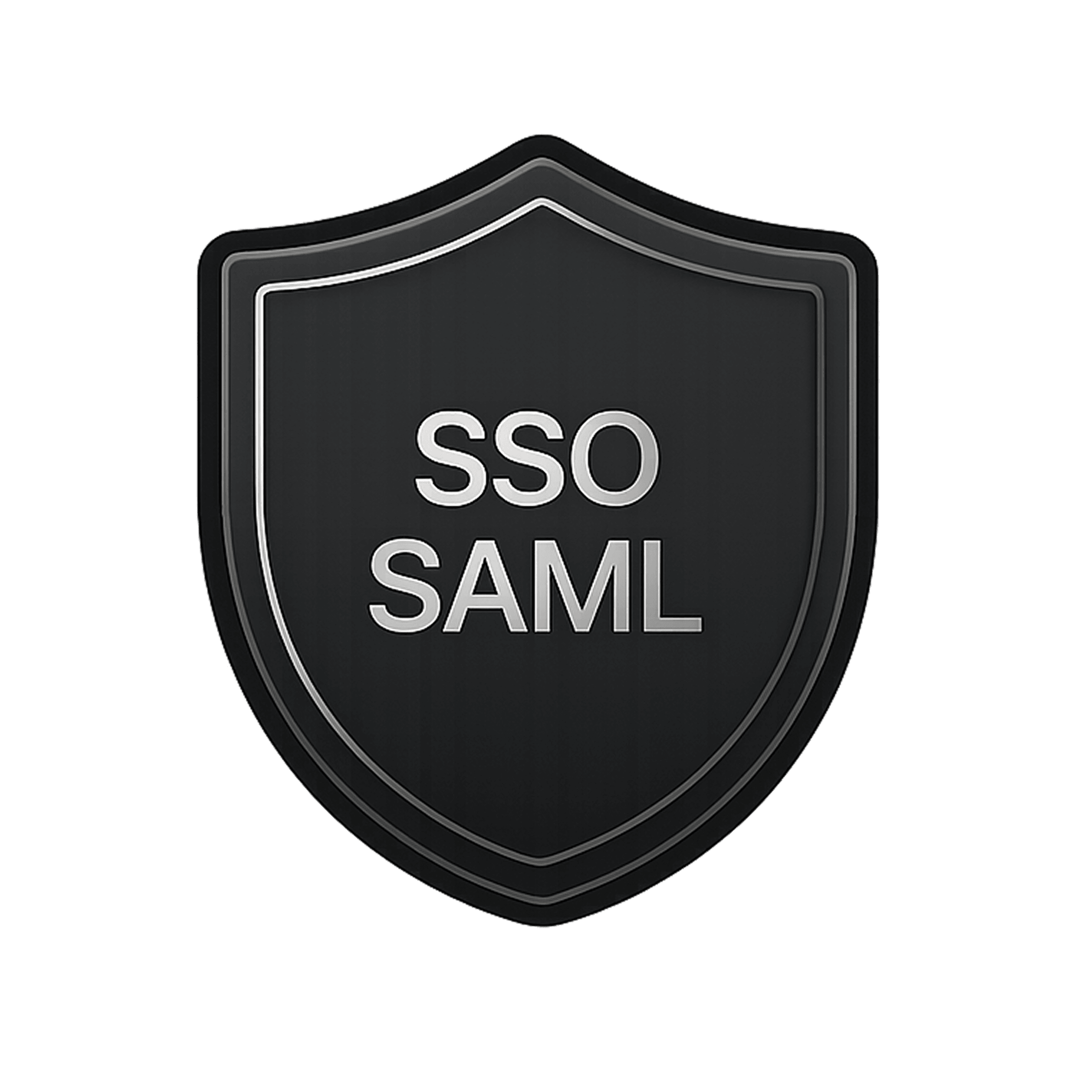 A black metallic shield with silver borders and the text SSO SAML in the center.