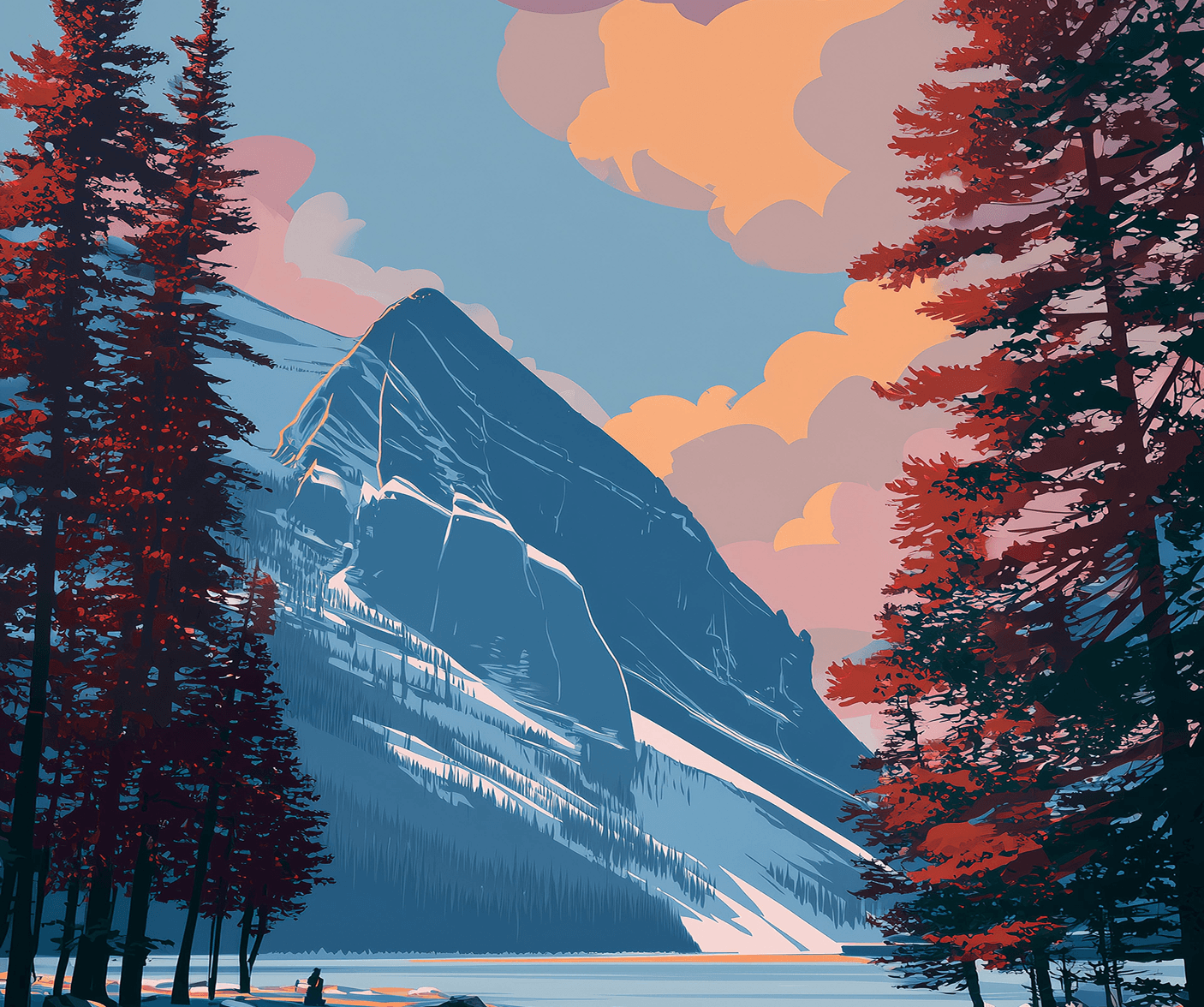 A vibrant poster depicting a mountain scene surrounded by trees and a calm lake, showcasing nature's beauty.