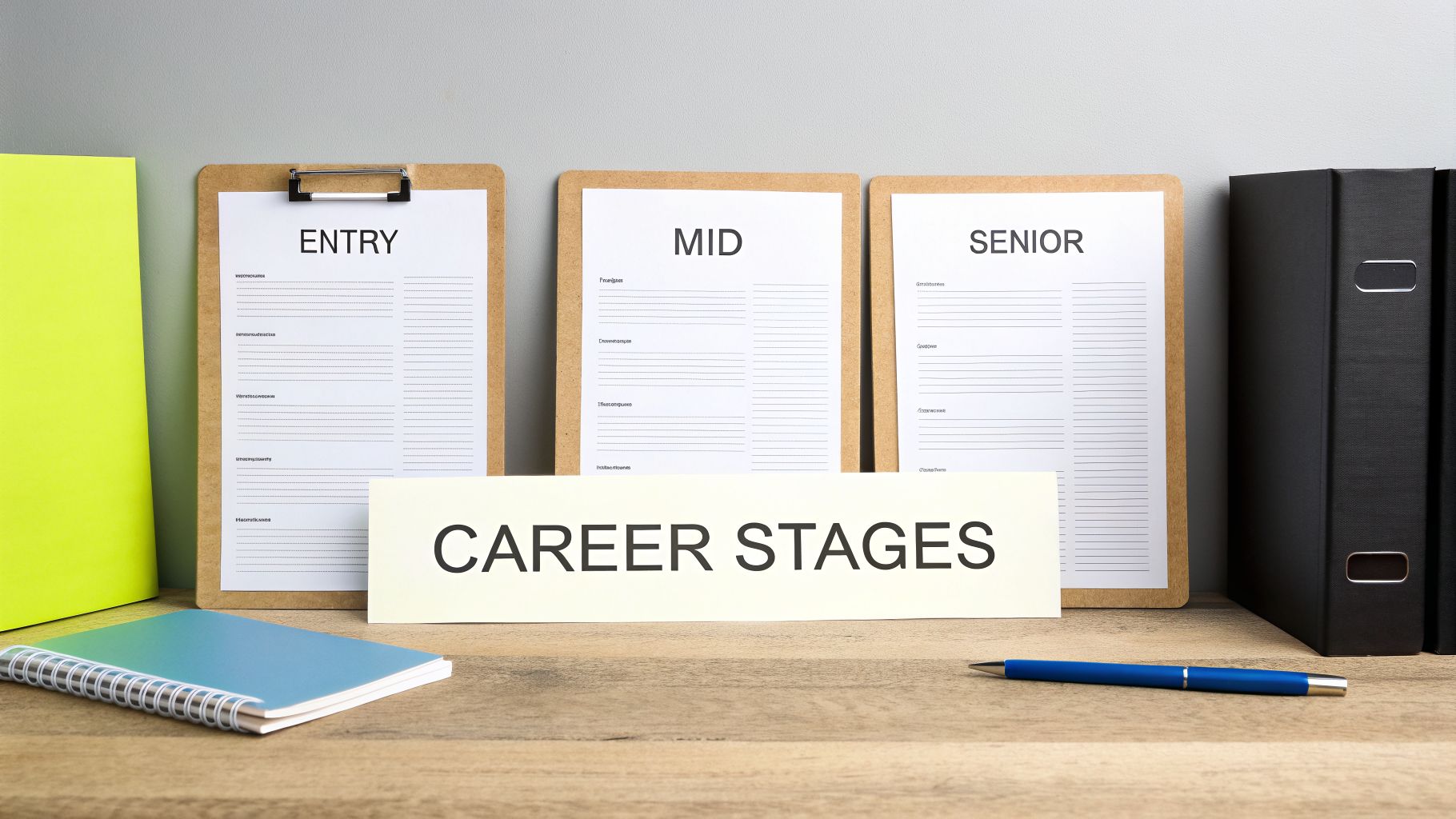 Three clipboards labeled 'Entry', 'Mid', and 'Senior' represent career stages on a wooden desk.