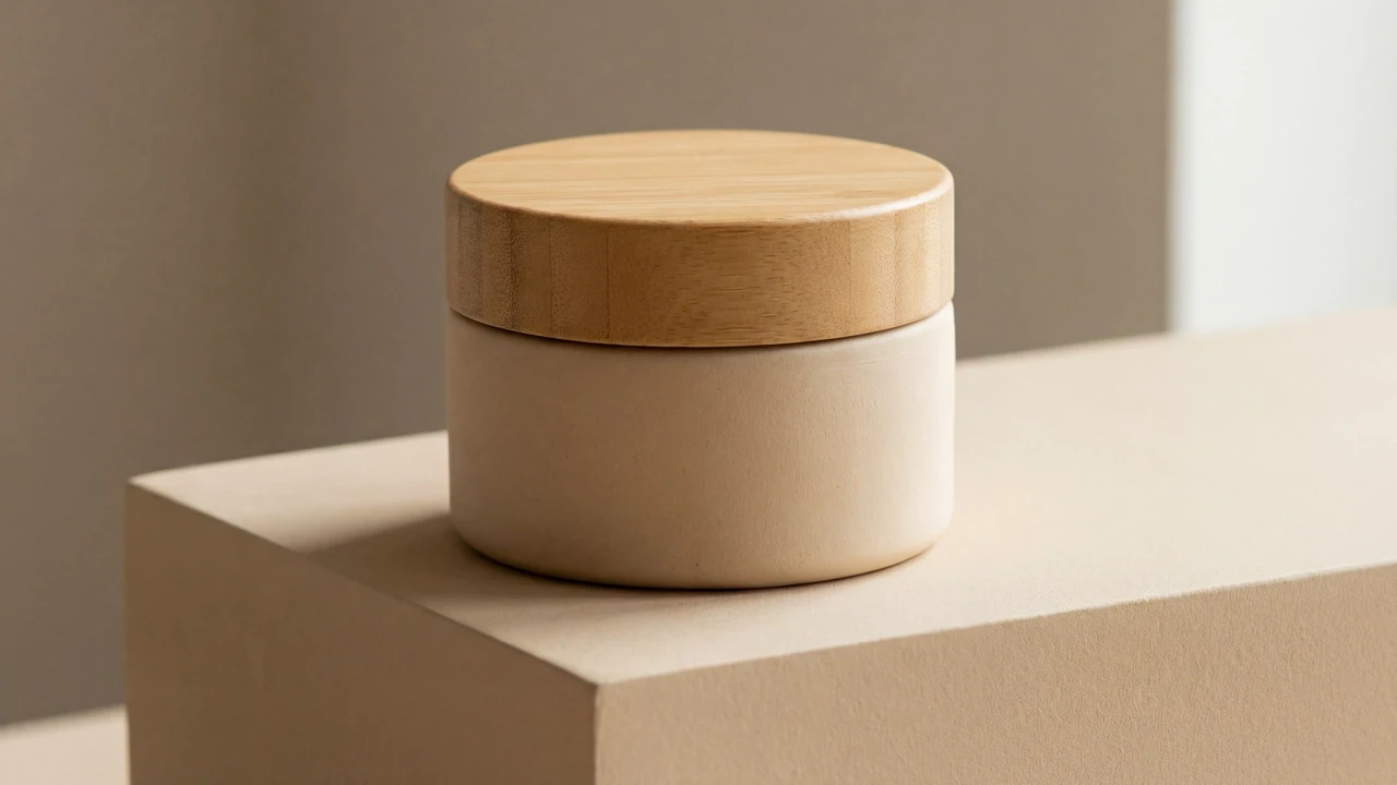 A minimalist cream-colored ceramic skincare jar with a wooden lid resting on a beige block.