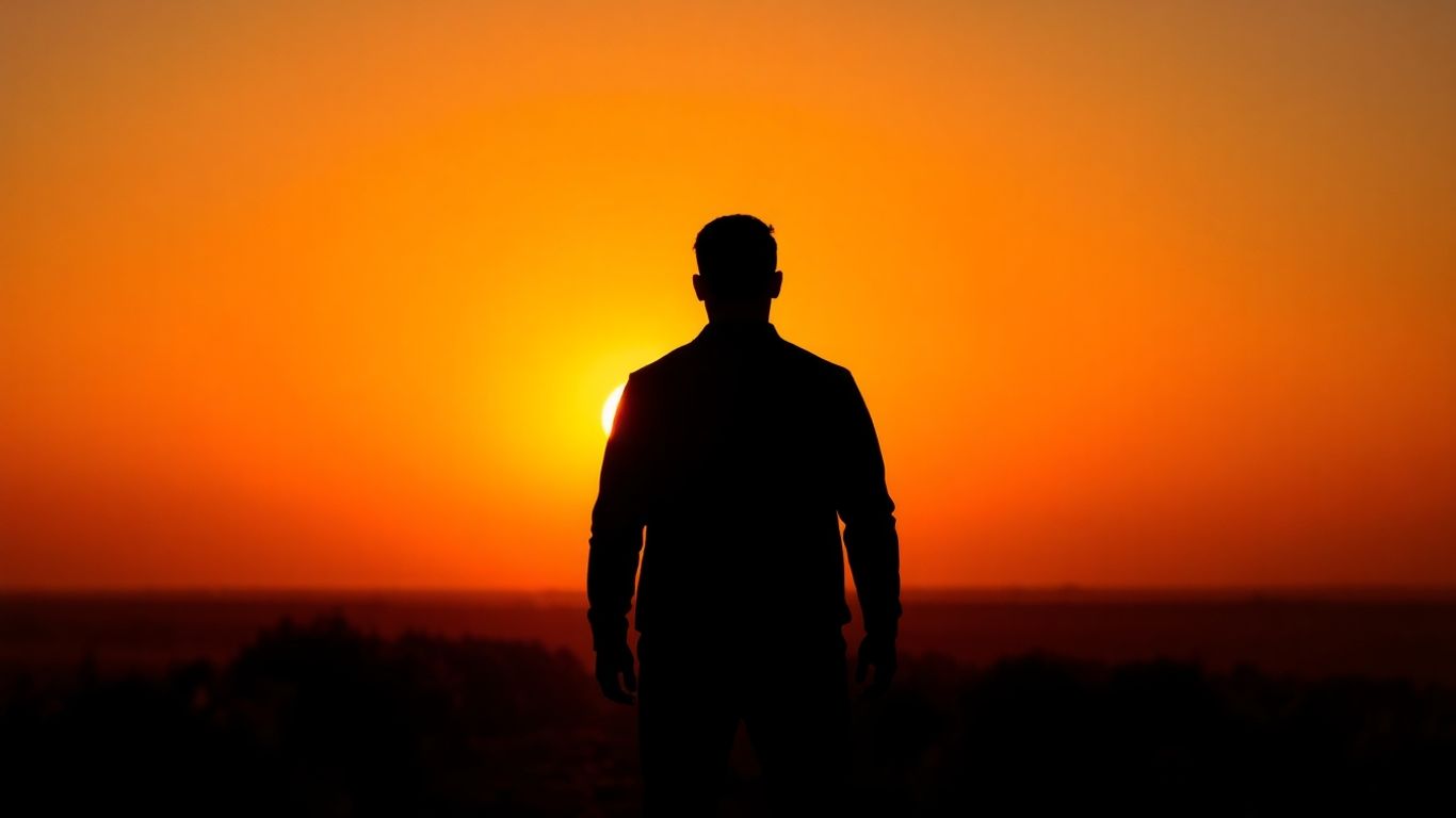 Figure facing sunrise on a path.