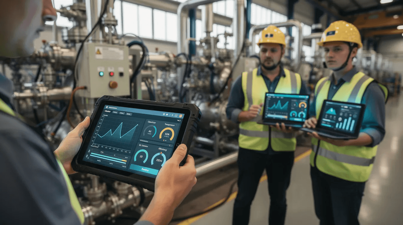 Two engineers are closely examining industrial equipment while interacting with tablet displays that showcase real-time performance metrics, utilising digital twin technology to analyse the physical system's operational data and enhance predictive maintenance strategies. This integration of physical and digital worlds allows for optimised performance and informed decision-making in complex systems.