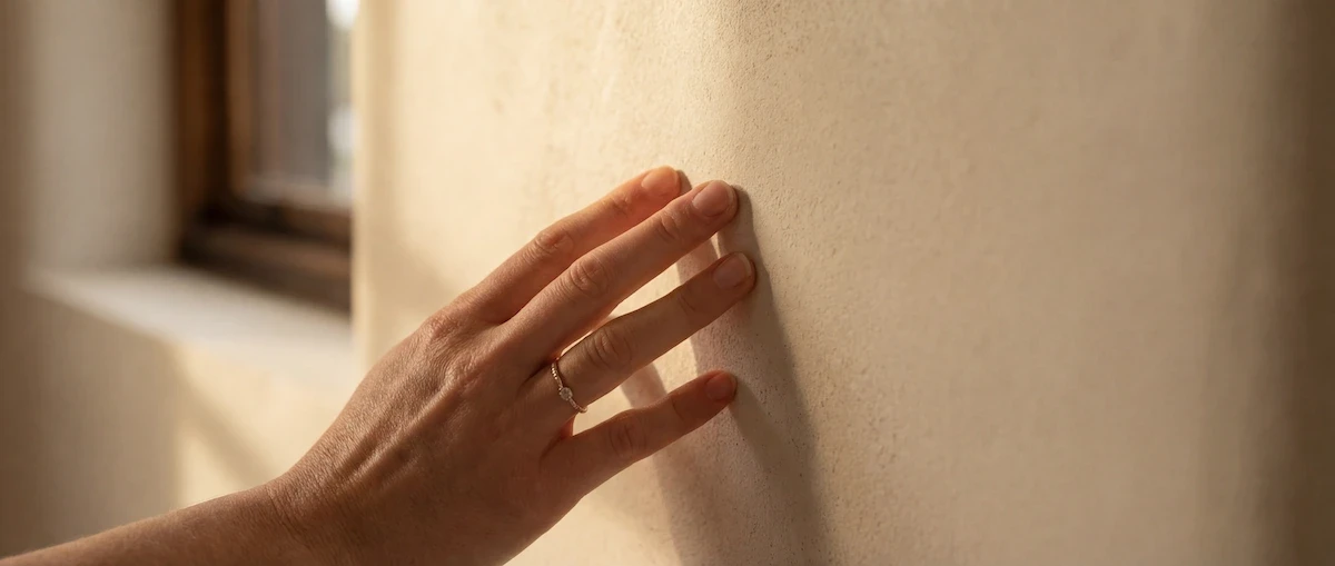 Hand on the wall on a beautiful lime render wall