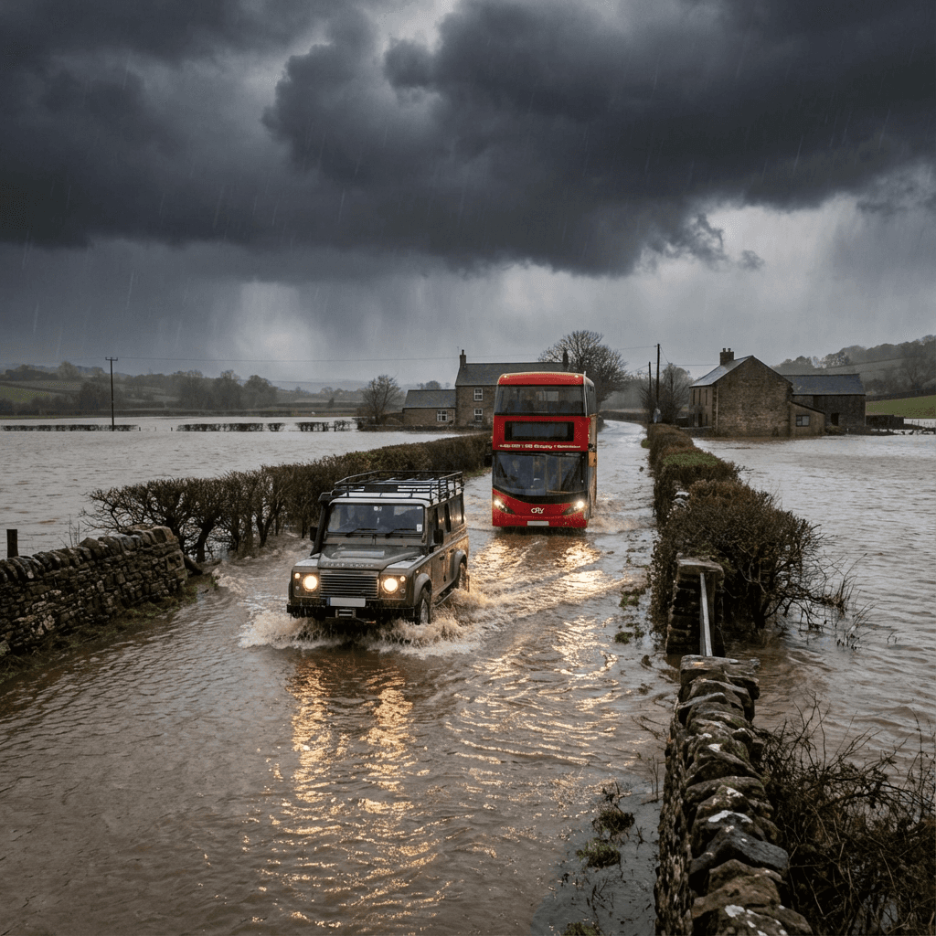 Flooded UK roadway with vehicles driving through deep water under stormy skies.