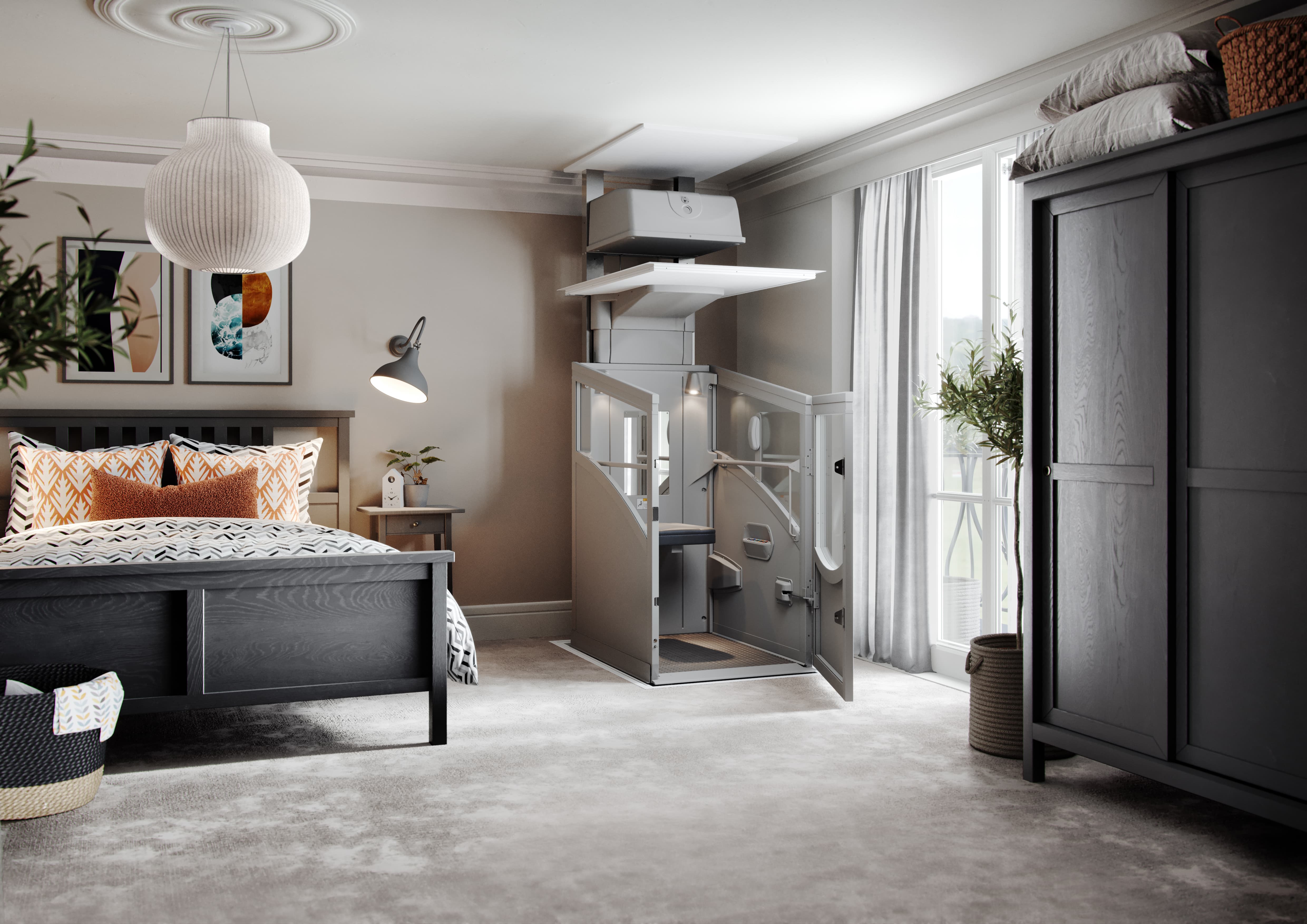 alt text for this image12:48Claude responded: Pollock 20 Series through-floor home lift installed in a residential bedroom, shown in the open position with internal lighting and fold-down seatPollock 20 Series through-floor home lift installed in a residential bedroom, shown in the open position with internal lighting and fold-down seat