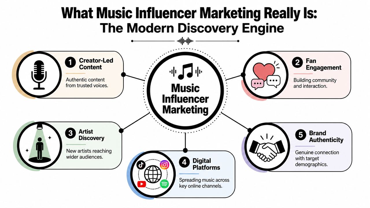 An infographic titled What Music Influencer Marketing Really Is, displaying five core components of the modern discovery engine.