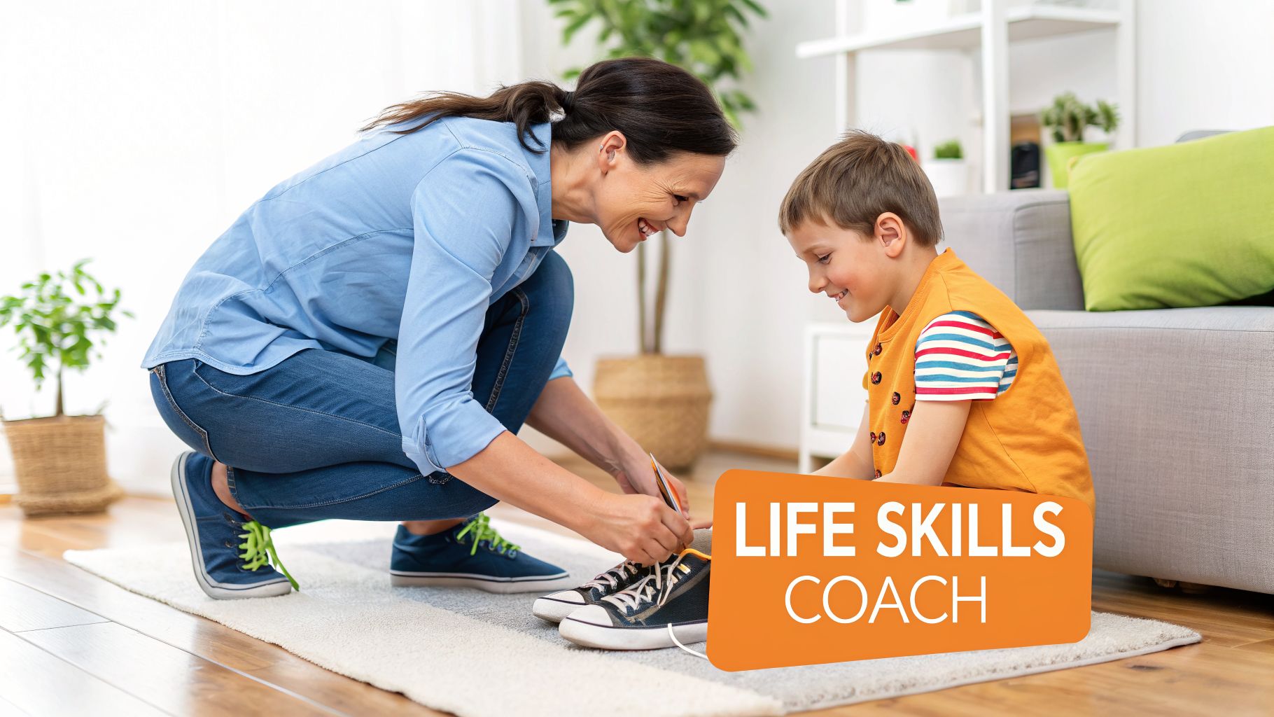 A smiling life skills coach helps a young boy learn to tie his shoes at home.