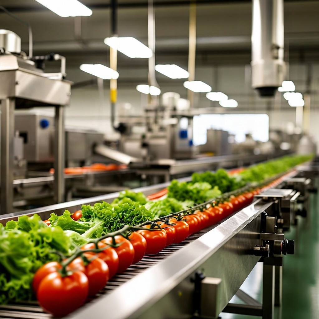 fresh food on a production line in a food factory