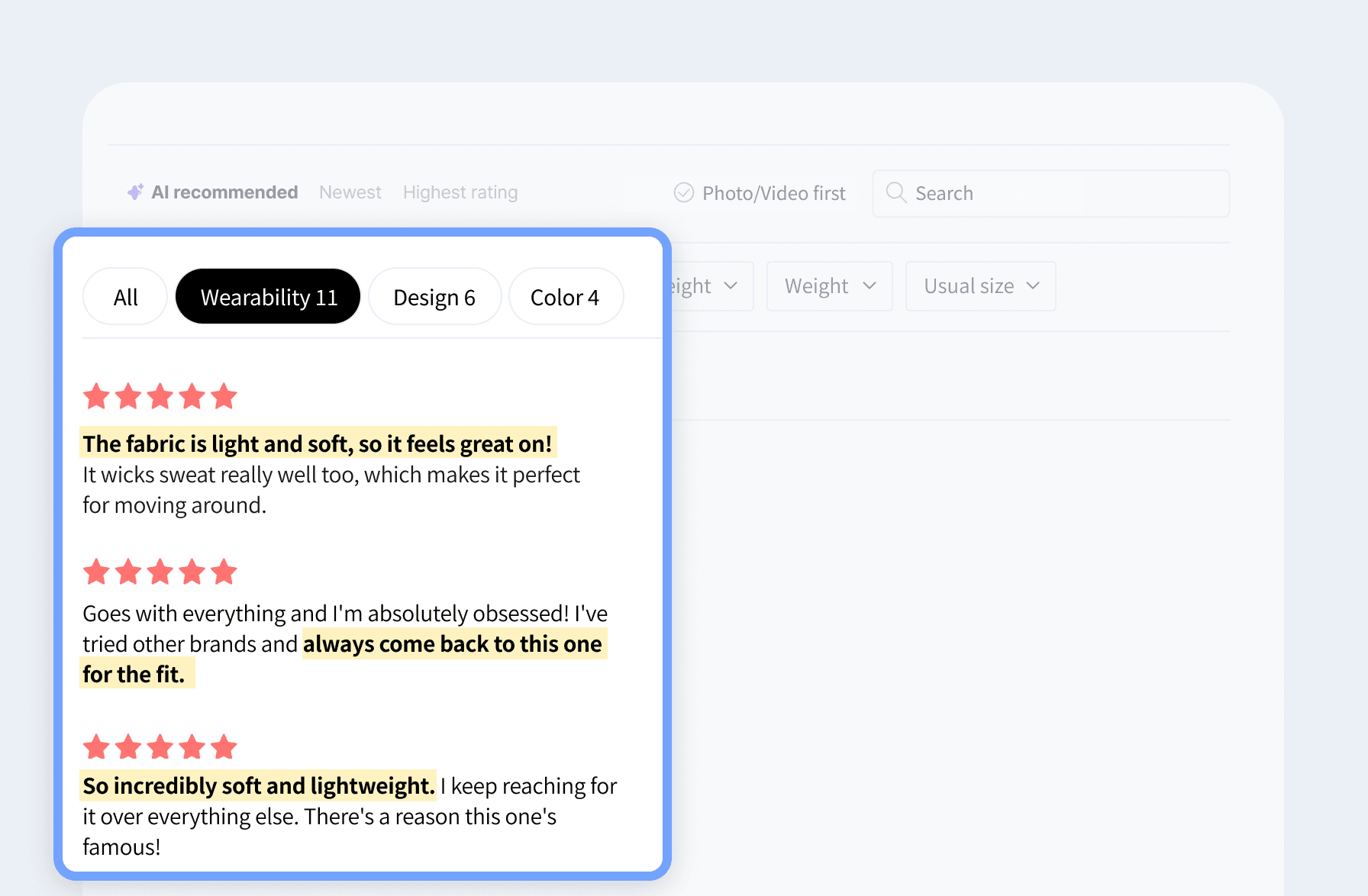AI keyword filter tags with highlighted review sentences