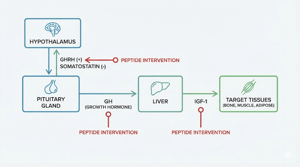 Growth hormone axis diagram with CJC-1295 and ipamorelin peptide intervention points