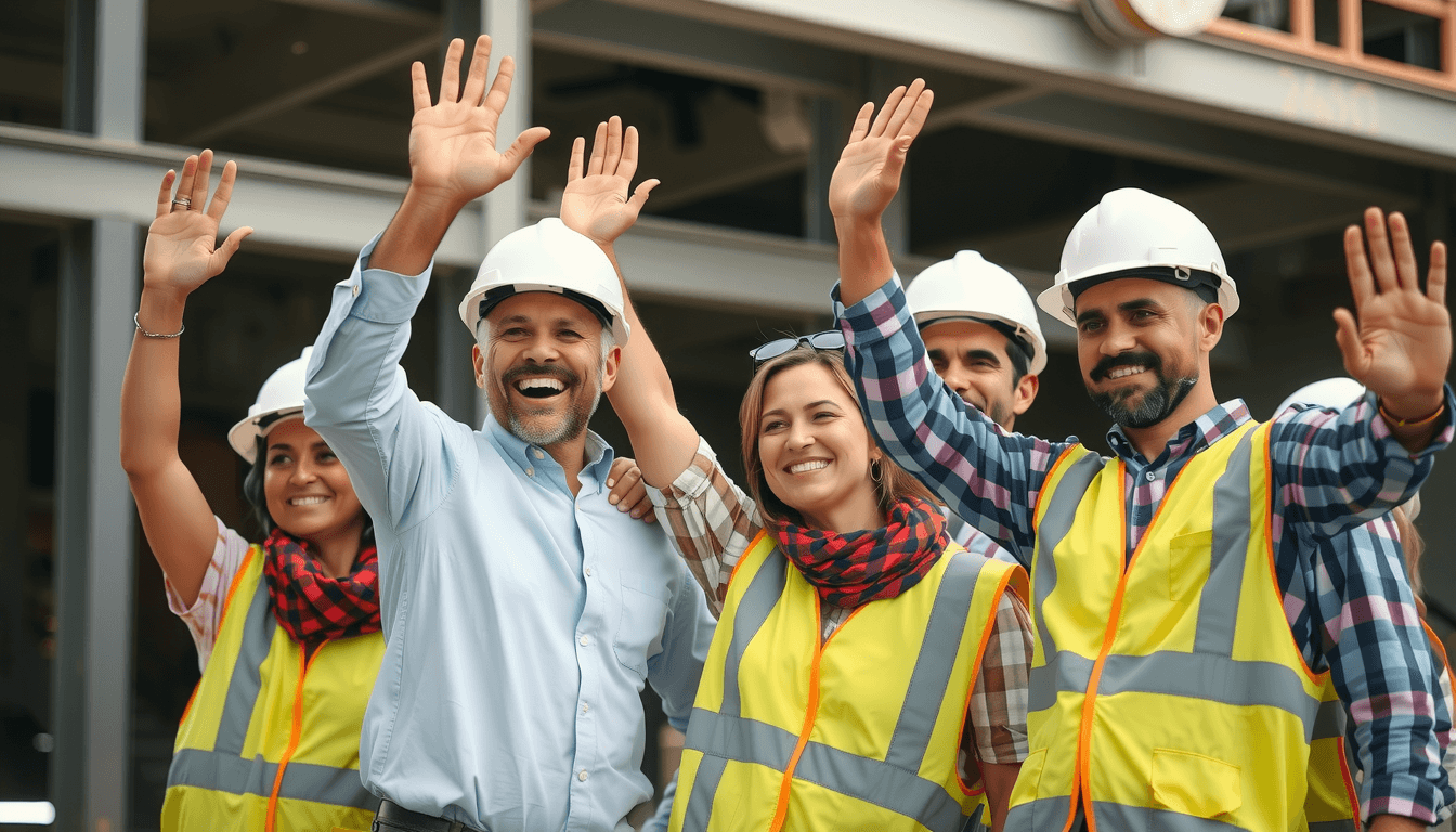 A medium shot of a construction-worker-team-celebrating their success./.