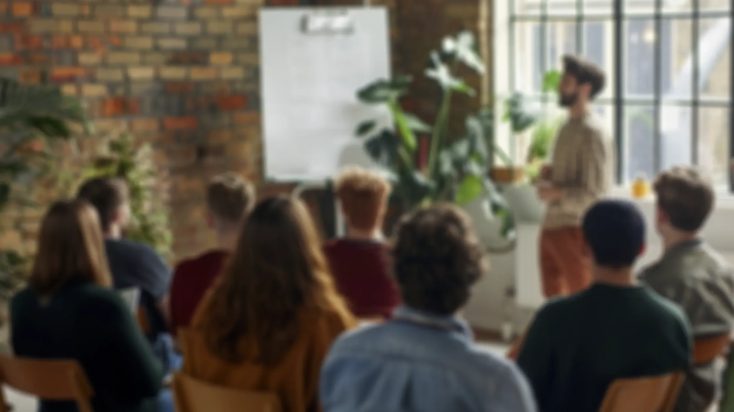 Rozostřený záběr lidí na workshopu. Ilustrace živé spolupráce a dialogu s komunitami.