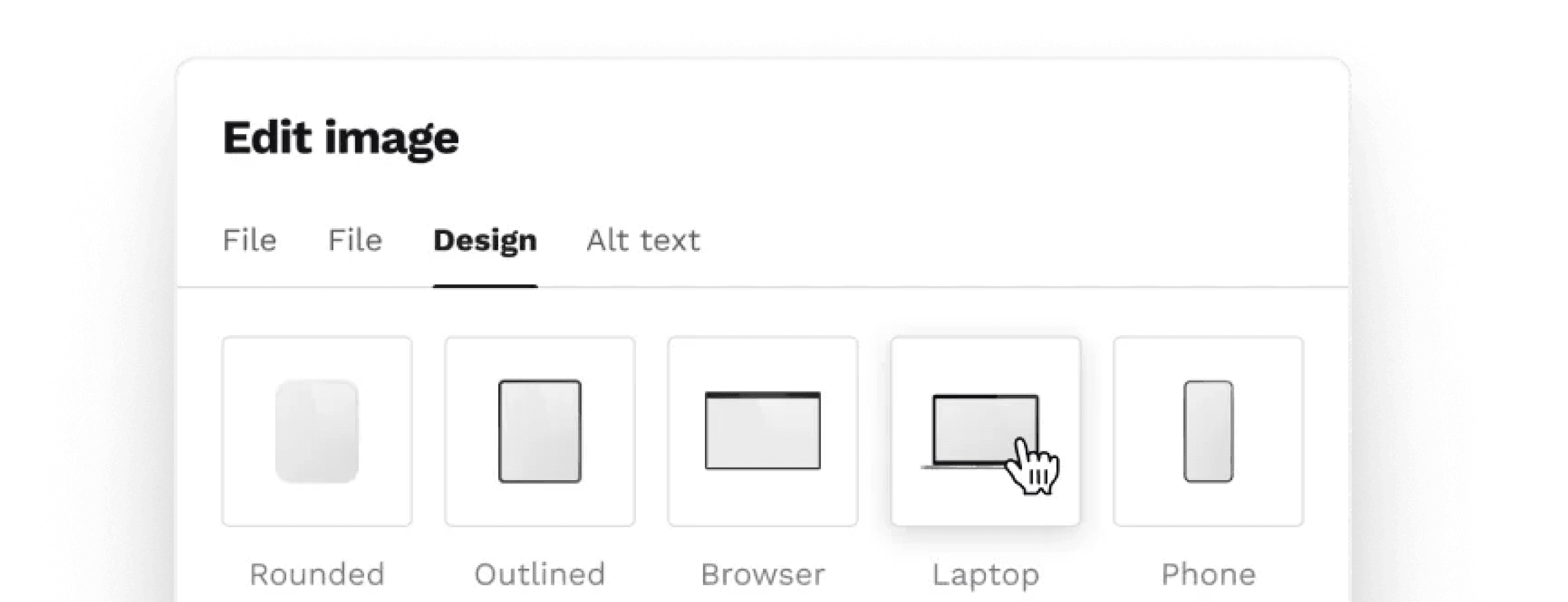 An image editor with mockup options like laptop, browser, and phone, representing how Copyfolio helps you create device mockups in seconds.