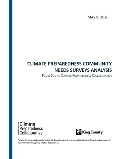 Cover of the Climate Preparedness Community Needs Surveys Analysis report. The date, 05/11/2026, is on the top, the title is in the center, and the Collaborative and King Couny logos are on the bottom.