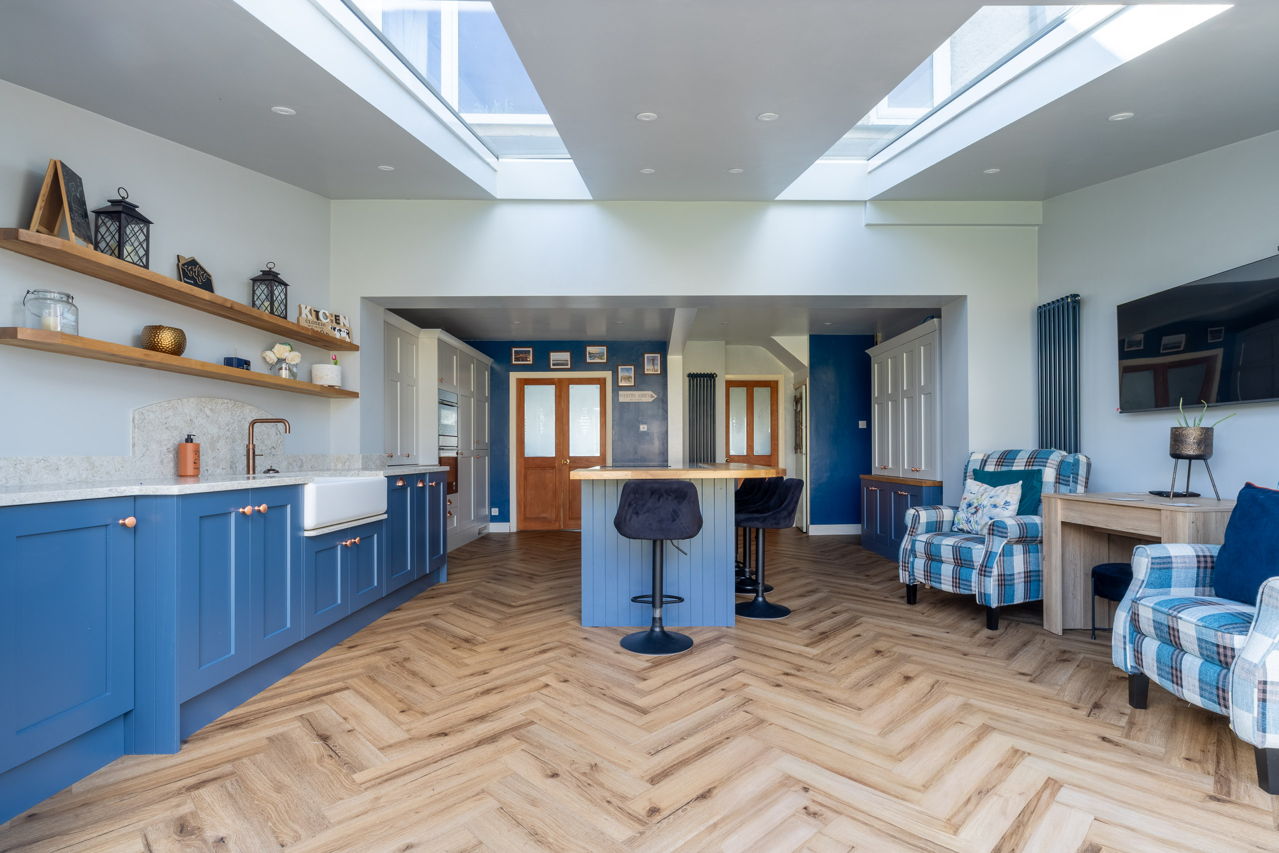 blue shaker kitchen with oak breakfast bar in gomersal, cleckheaton