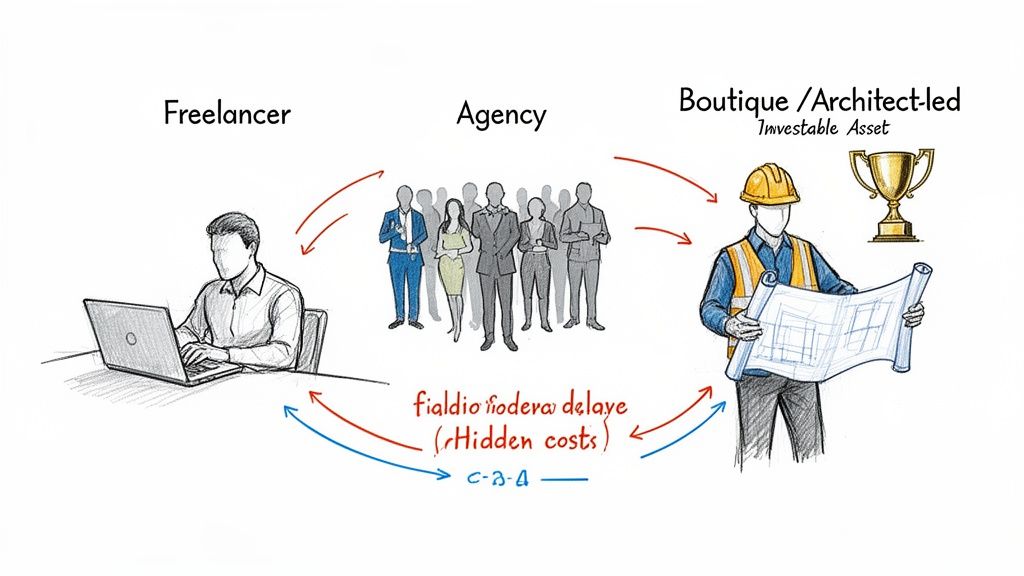 Diagram comparing freelancer, agency, and architect-led business models, highlighting hidden costs and investable assets.