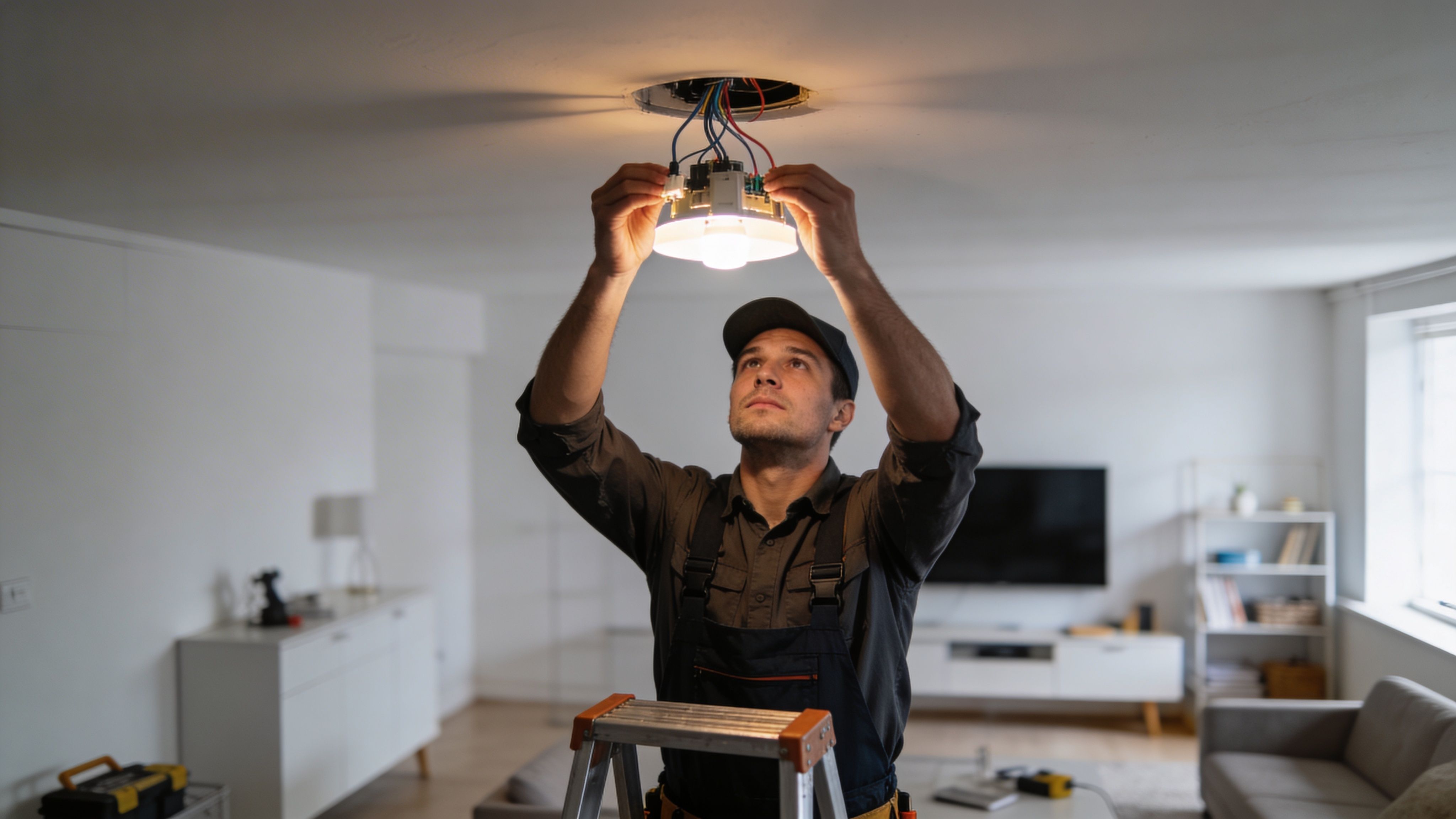 Electrician on ladder installing LED ceiling light fitting during home electrical repair