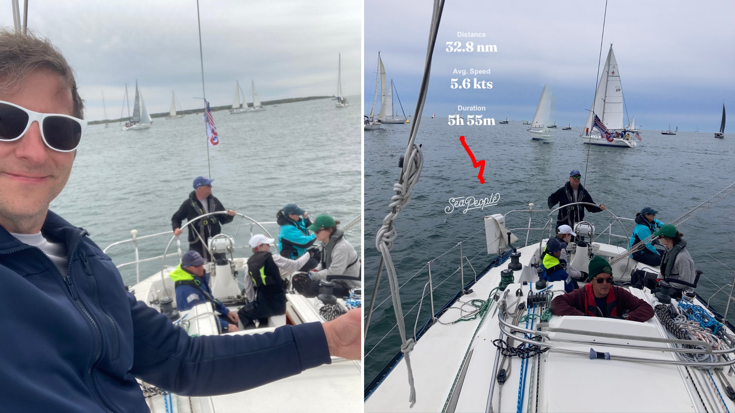 SeaPeople Trip Card helping sailors share race statistics and sailing memories from a 32.8 nautical mile regatta.