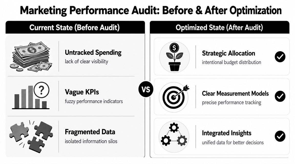 A comparison chart showing how a marketing performance audit transitions from inefficient practices to optimized, strategic processes.