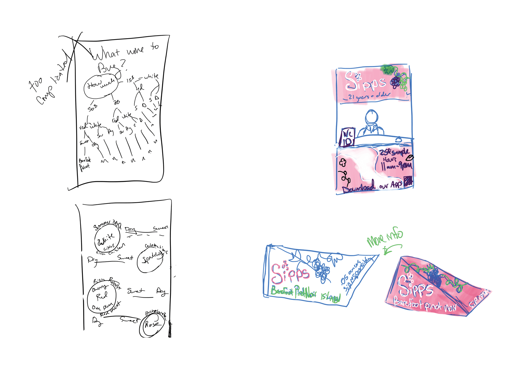 Early sketches of deliverables including app screens and promotional materials