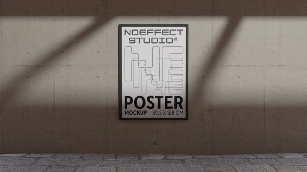 Framed poster mockup displayed on a textured concrete wall with a minimal design. The poster dimensions are 89.5 x 128 cm, lit by soft natural light and shadow patterns for a modern, industrial look.