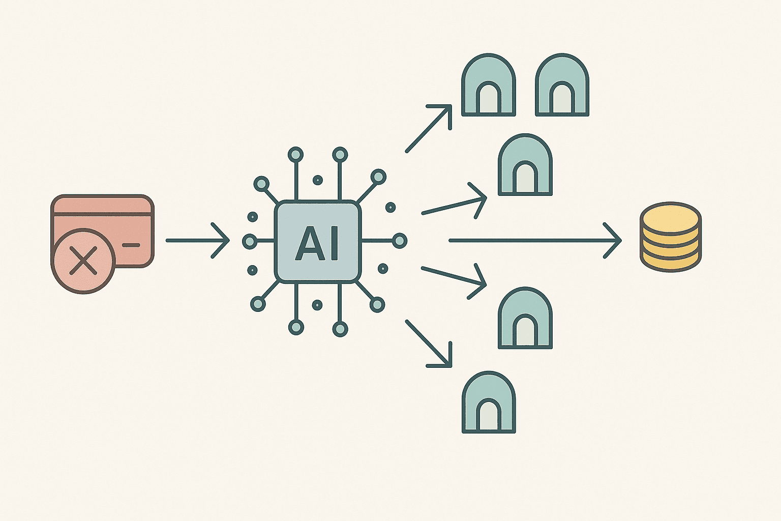 Flow diagram of AI engine turning failed card payment into recovered revenue via optimal gateways