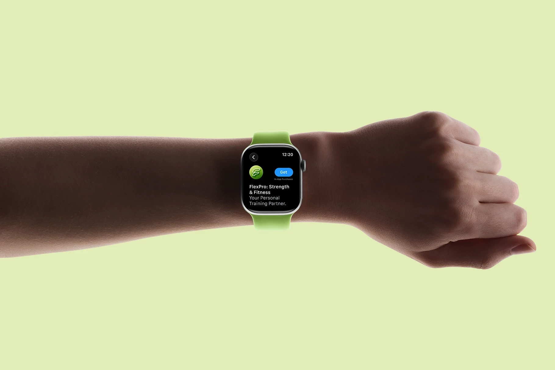 Apple Watch Series 11 wrist mockup displaying a fitness app interface with customizable background and watch band colors.