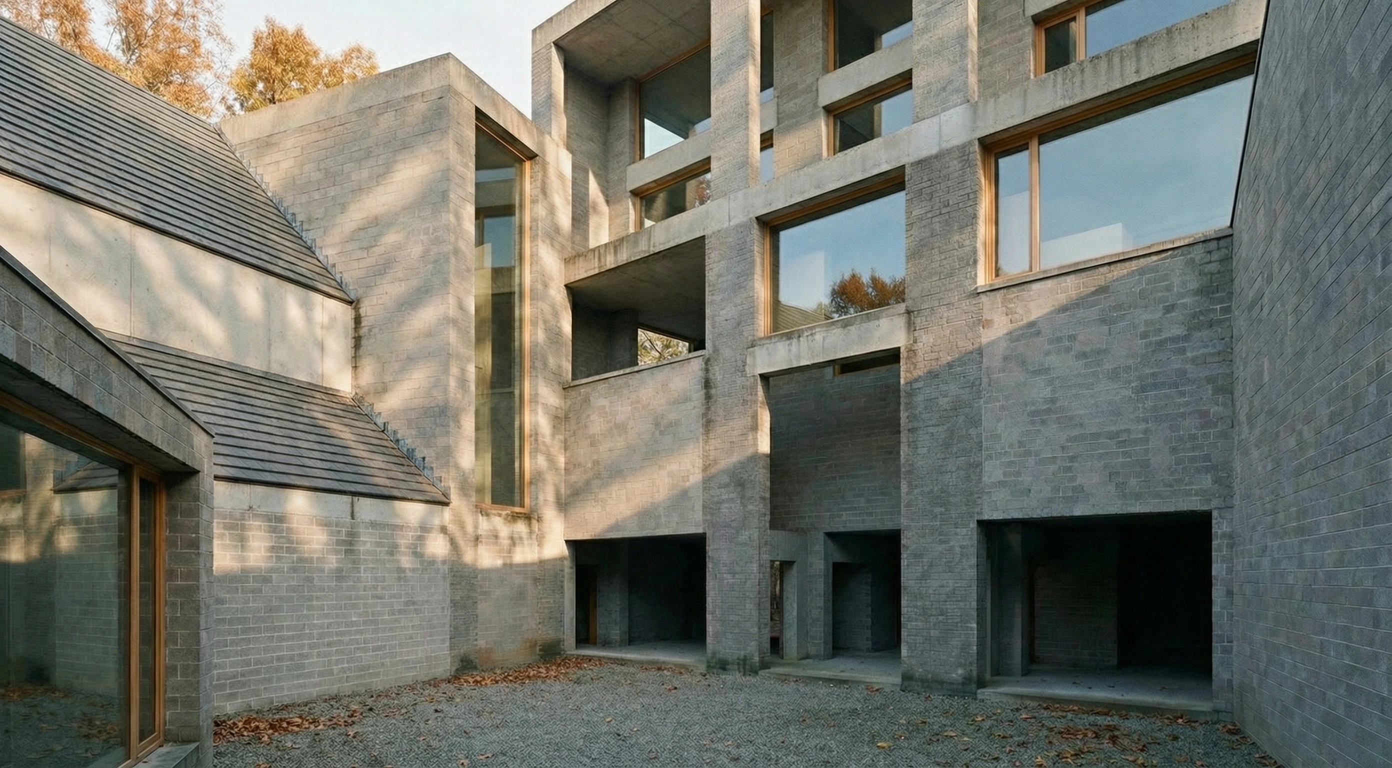 Concrete portal entrance framing courtyard view — Dominican Motherhouse II reconstruction