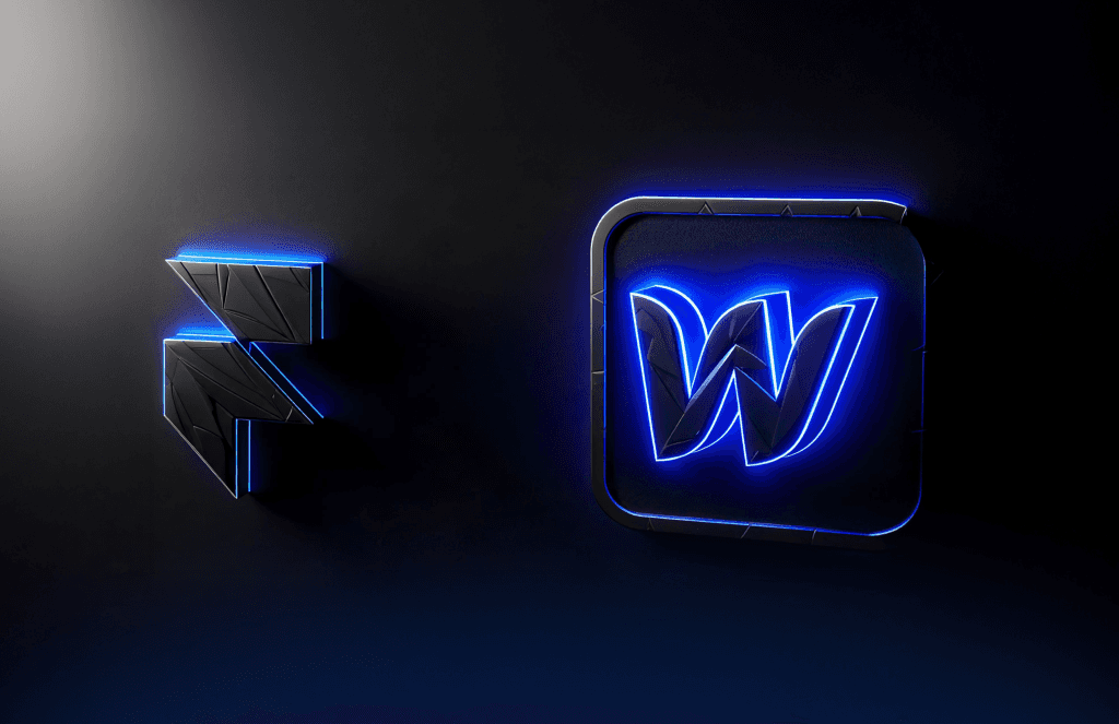 Logos von Framer und Webflow in blauem Neon an einer dunklen Wand, zwei beliebte No-Code-Plattformen