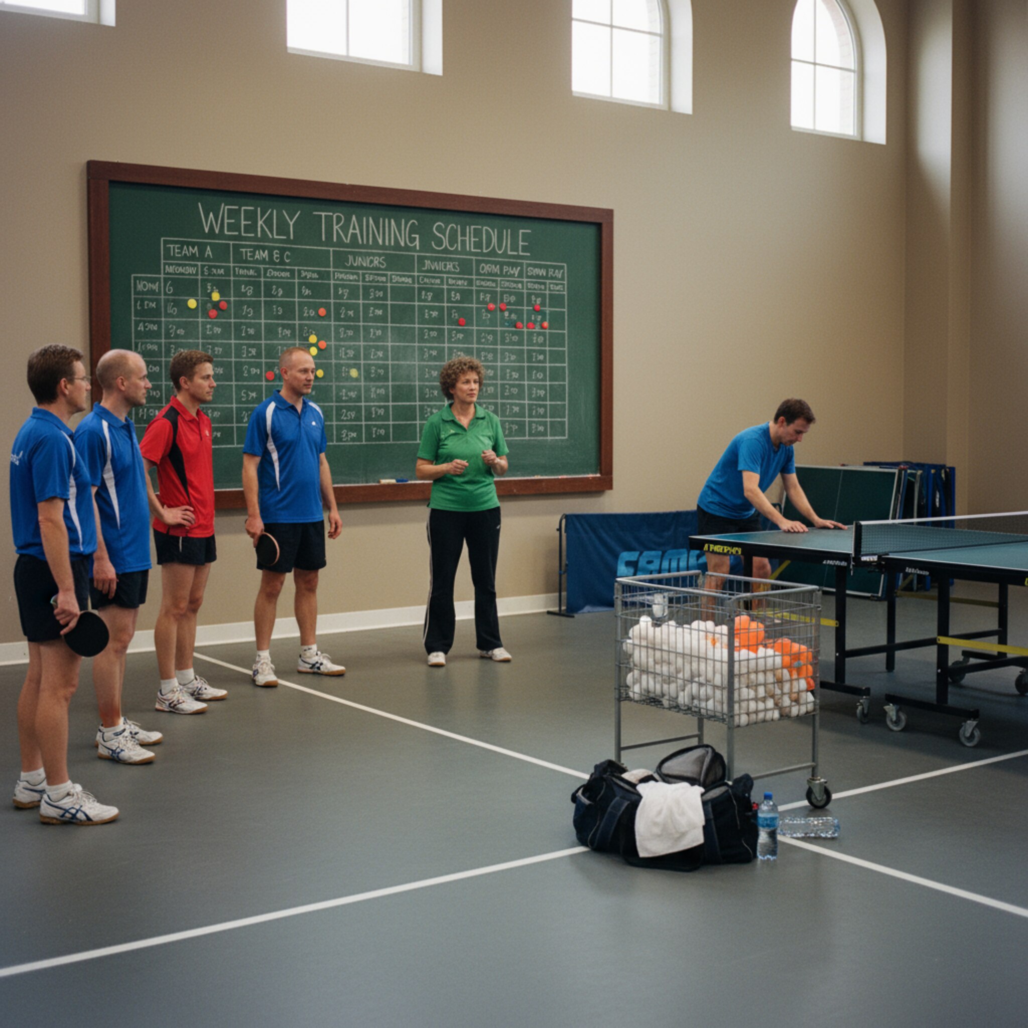 Auf einer Tafel sind Trainingszeiten nach Teams notiert, farbige Magnete markieren reservierte Slots. Eine Gruppe in Vereinsshirts sammelt sich um den Coach, der konzentriert den Ablauf erklärt. Nebenan werden Platten für das nächste Set ausgerichtet. Die Stimmung ist fokussiert, strukturiert und kameradschaftlich.