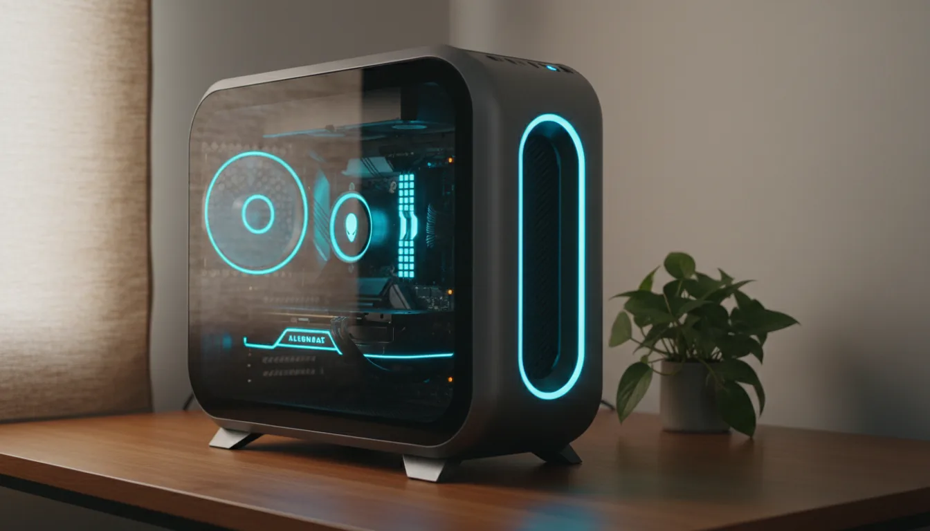 DSLR photograph of a futuristic Alienware Aurora desktop computer on a wooden desk. The dark gray, curved chassis features a clear glass side panel, showcasing the internal components. The interior is bathed in vibrant cyan LED lighting, illuminating a circular liquid cooler fan, the motherboard, and the graphics card. A prominent glowing cyan oval LED strip runs down the front of the tower. Soft natural daylight fills the room, creating subtle reflections on the glass. A small potted green plant is visible next to the computer. Sharp focus on the hardware, with a slightly out-of-focus background showing a wall and a textured fabric blind.