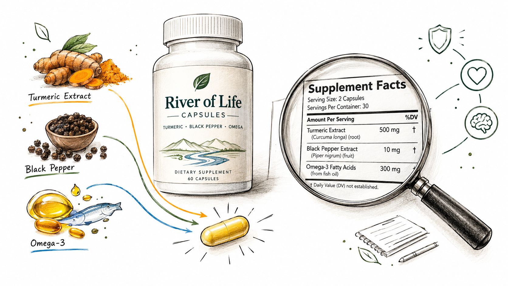 A conceptual illustration of River of Life dietary supplement capsules containing turmeric, black pepper, and omega-3.
