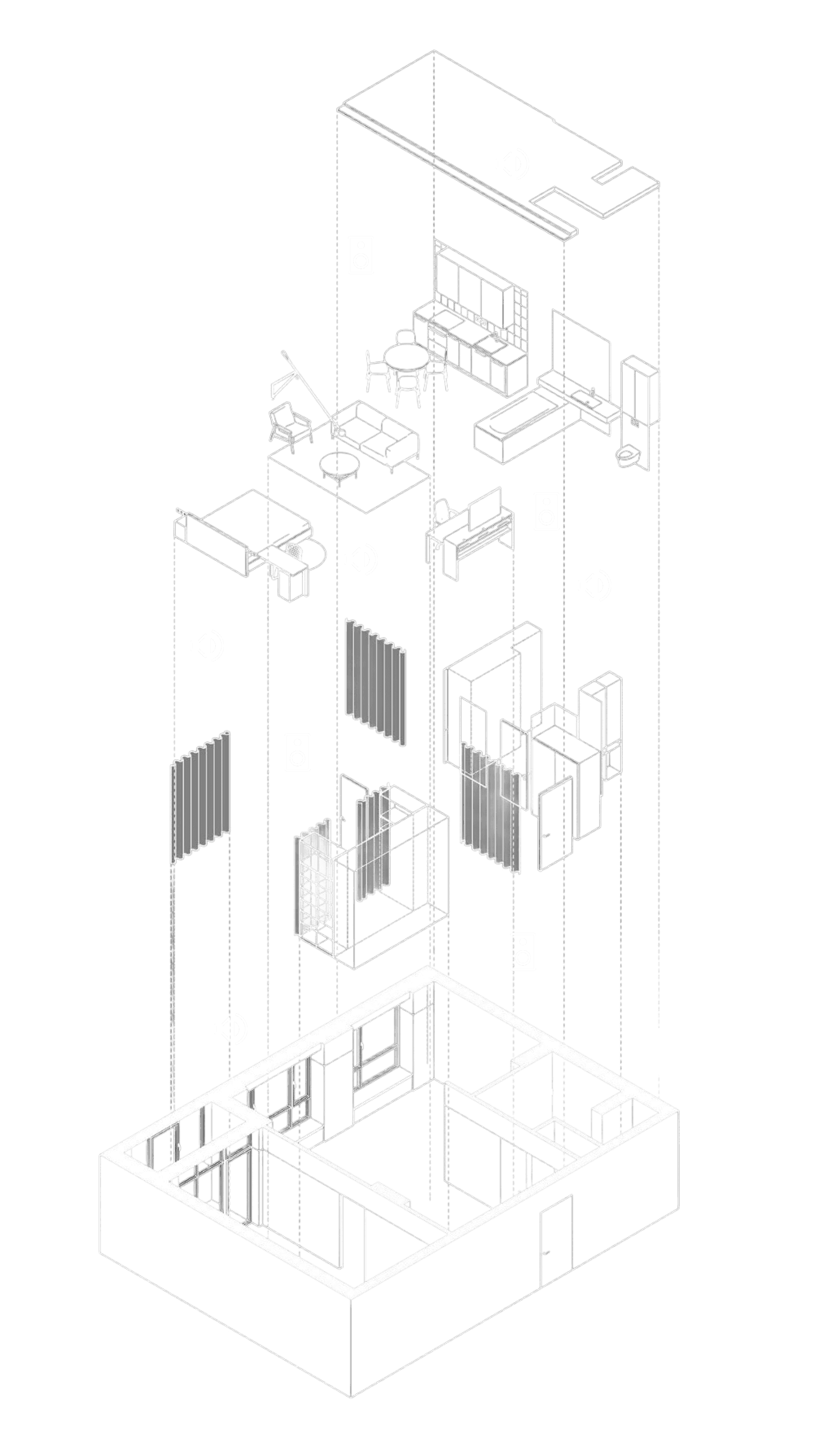 Architectural isometric illustration of room interior elements.