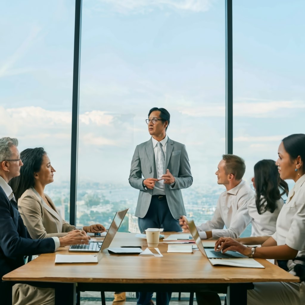 Diverse entrepreneurs engaging in a business planning session, with a focus on investment strategies and growth, indicative of E 2 Visa applicants.