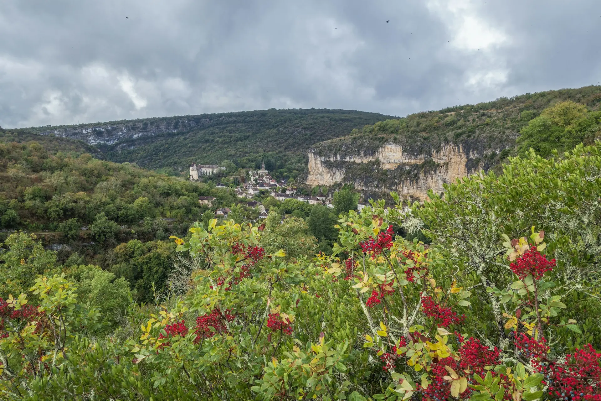 Panoramic view of a valley with mountains in the background in France, ideal for slow living and countryside real estate investment.