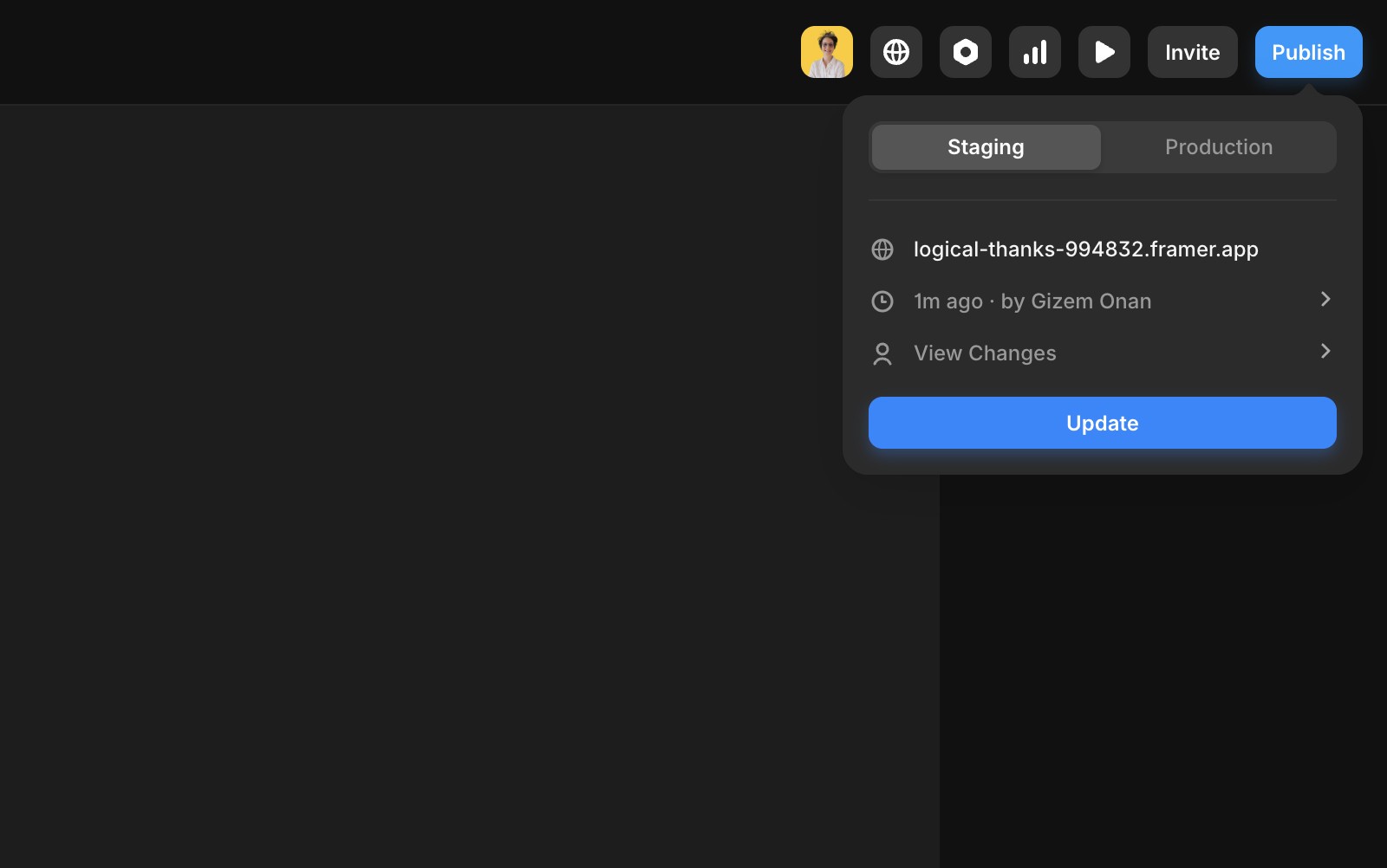 Screenshot of a web publishing interface showing a dropdown for staging and production environments.