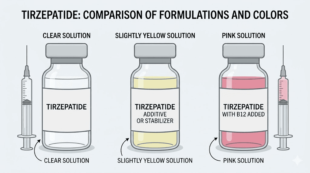 Tirzepatide color comparison showing clear, yellow, and pink formulations