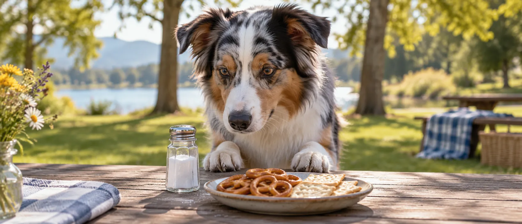 An Australian Shepherd sitting at an outdoor table beside a salt shaker and a plate of pretzels and crackers.