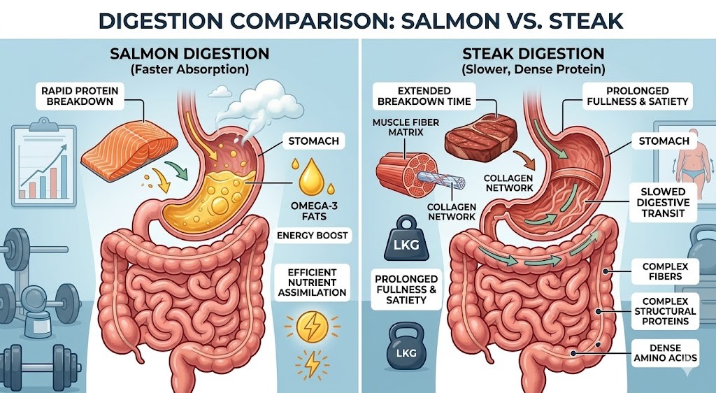 An infographic comparing the digestion of salmon and steak. The left side, 'Salmon Digestion (Faster Absorption),' shows quick protein breakdown, omega-3 fats, an energy boost, and efficient nutrient assimilation in the stomach and intestines. The right side, 'Steak Digestion (Slower, Dense Protein),' highlights extended breakdown time, muscle fiber matrix, complex fibers, prolonged fullness and satiety, and dense amino acids. It includes visuals of the digestive system and factual text boxes for each protein source.