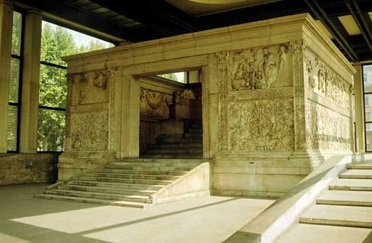An ancient building with engravings on the side walls.