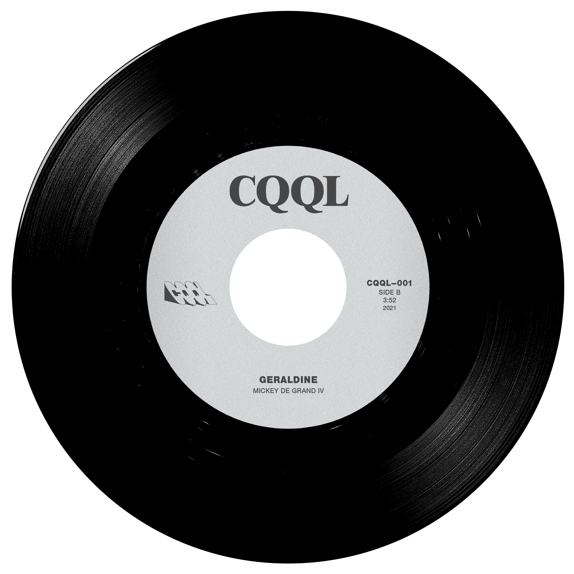 Black vinyl record with a white label displaying 'CQQL' on a white background