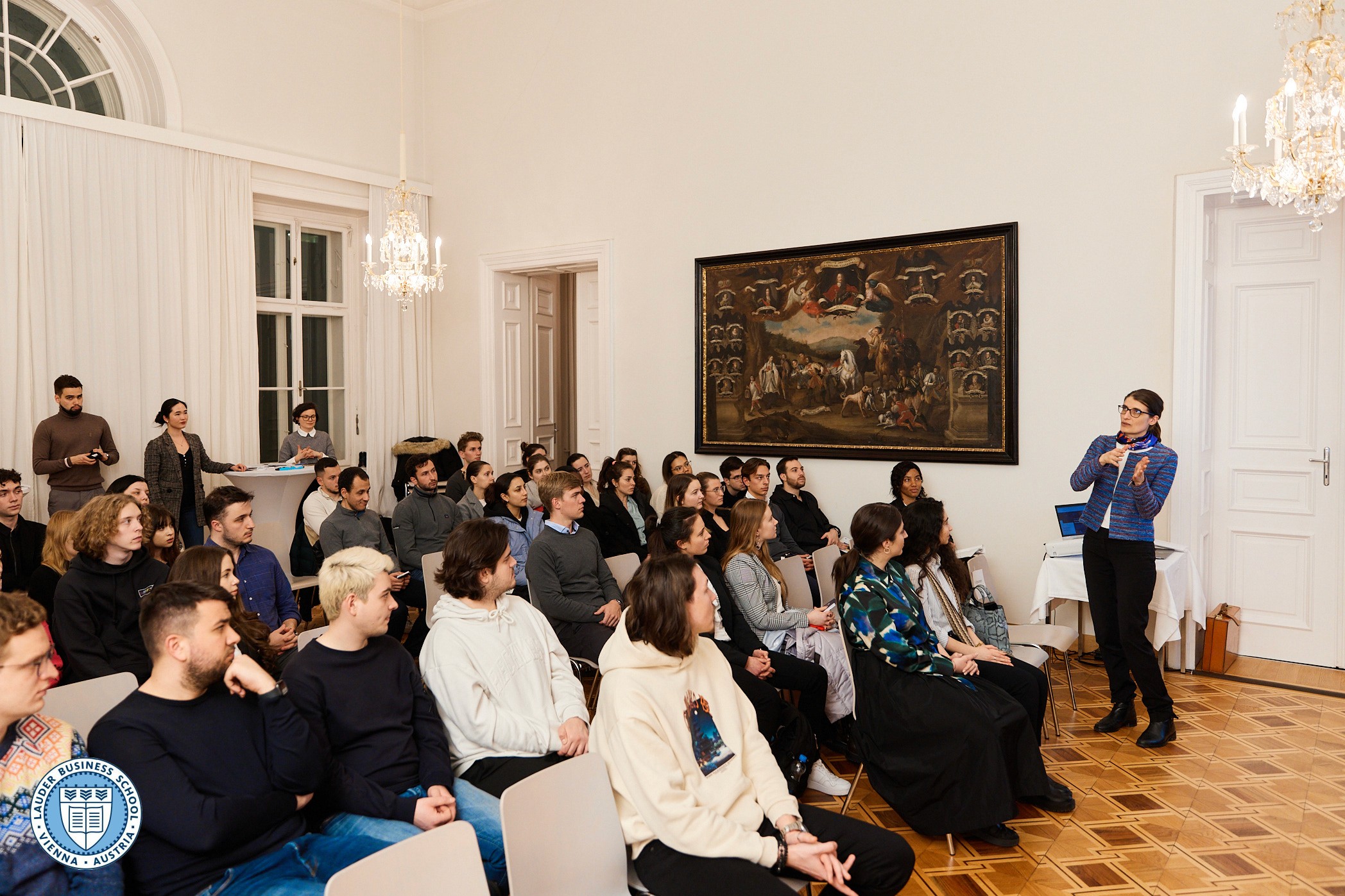  Adam Lessing, Ph.D., Head of Relationship Management at LGT Bank Österreich and Silja Köbrunner – LGT Private Banking talk to LBS students