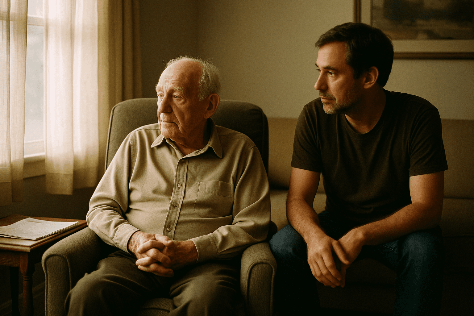 An older man sits pensively in an armchair by a sunlit window while his adult son sits close beside him, listening.