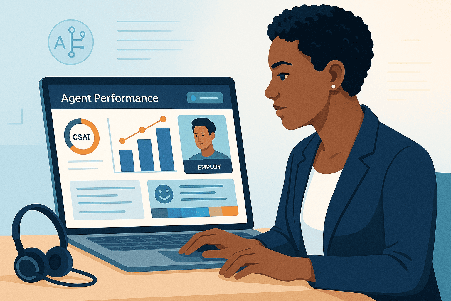 Call center manager analyzing agent performance with AI-powered analytics dashboard for quality assurance.
