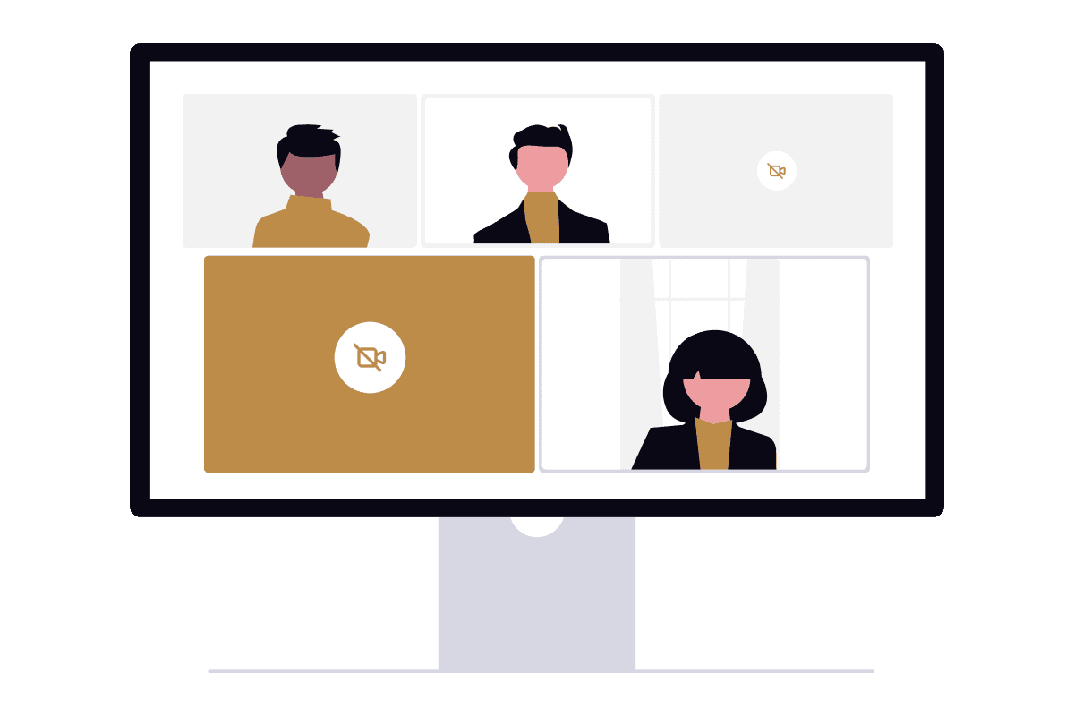 Videokonferenz-Bildschirm mit vier Teilnehmern, einer hat die Kamera ausgeschaltet - visualisiert digitale Meeting-Kultur