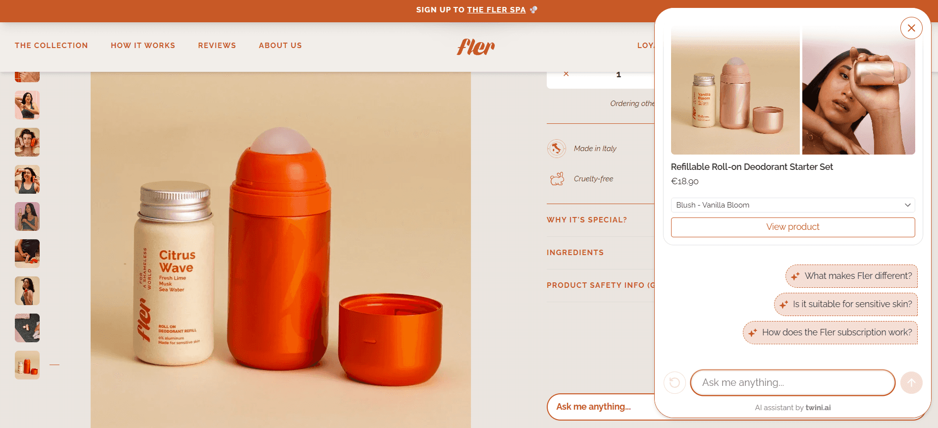 Twini answering "is it suitable for sensitive skin?" and "how does the subscription work?" on a Fler product page.